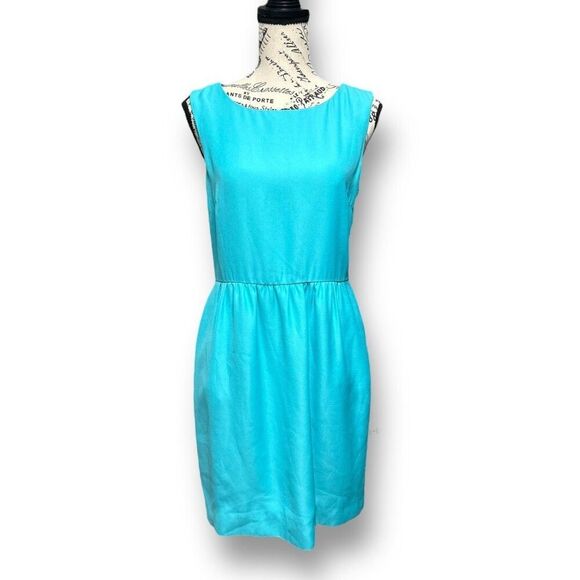 J.Crew 4 Aqua Blue Sleeveless Ruched Sheath Lined Mini Dress Pockets Career - Picture 2 of 9